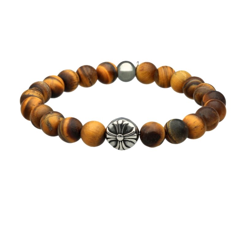 Bracelet boules œil de tigre pierres naturelles croix rock