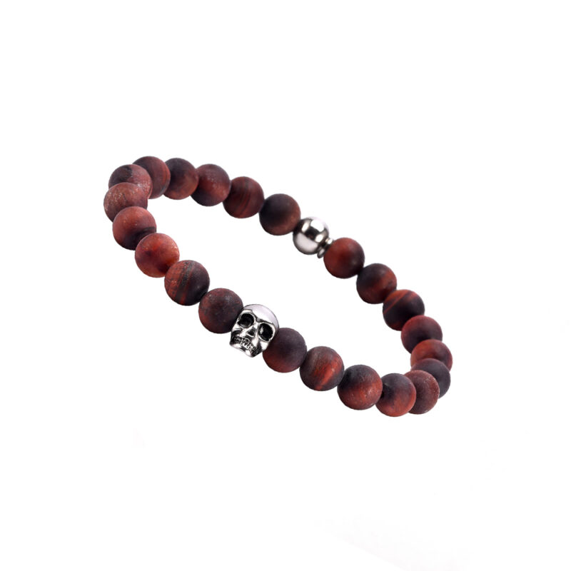 Bracelet boules œil de tigre rouge œil de taureau pierres naturelles tête de mort