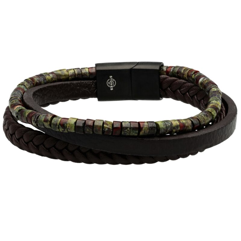 Bracelet cuir marron lisse et tressé avec perle de heishi jaspe dragon
