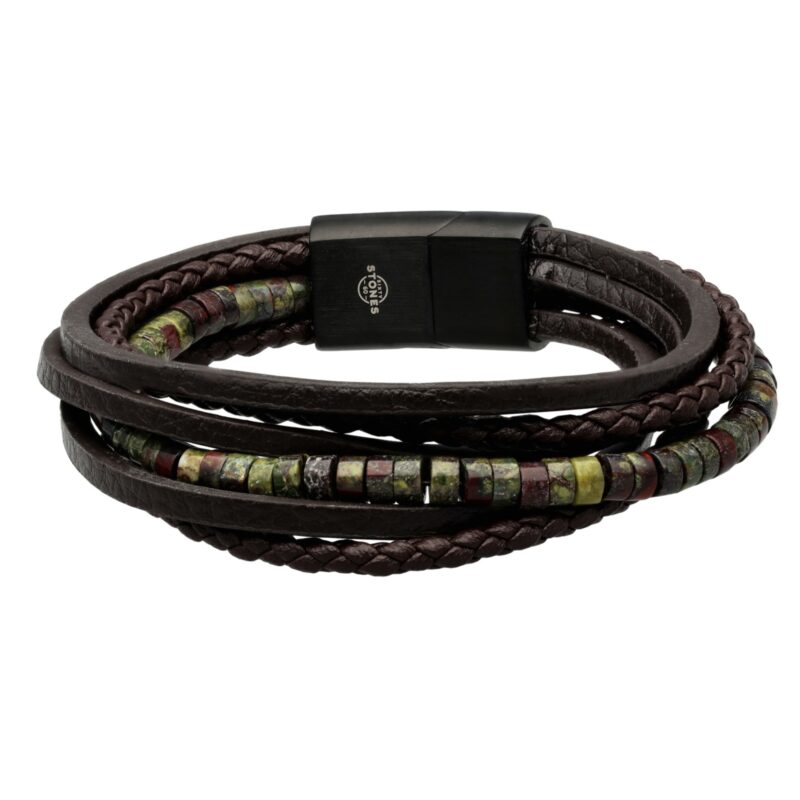 Bracelet cuir marron lisse et tressé avec perle de heishi jaspe sang de dragon