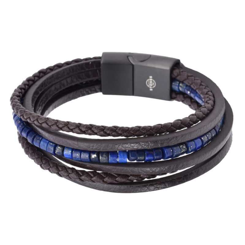 Bracelet cuir marron lisse et tressé avec perle de heishi lapis