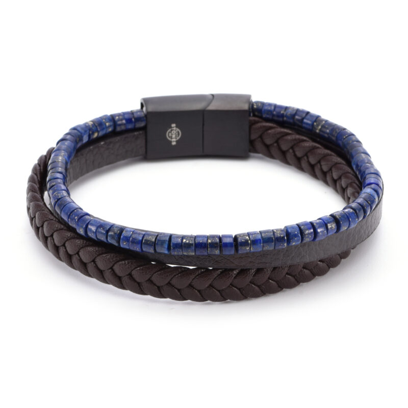 Bracelet cuir marron lisse et tressé avec perle de heishi lapis lazuli
