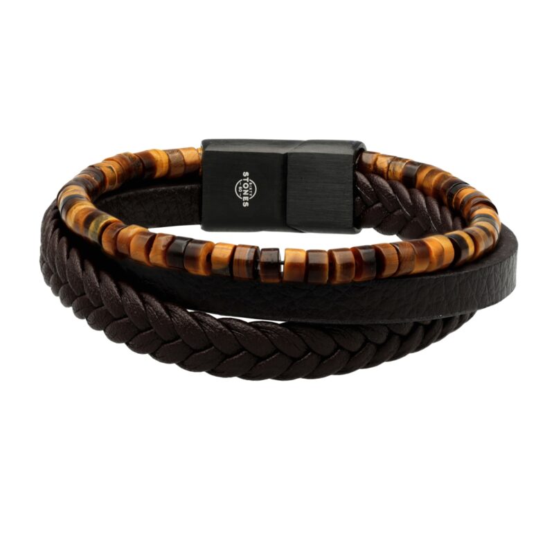 Bracelet cuir marron lisse et tressé avec perle de heishi oeil de tigre