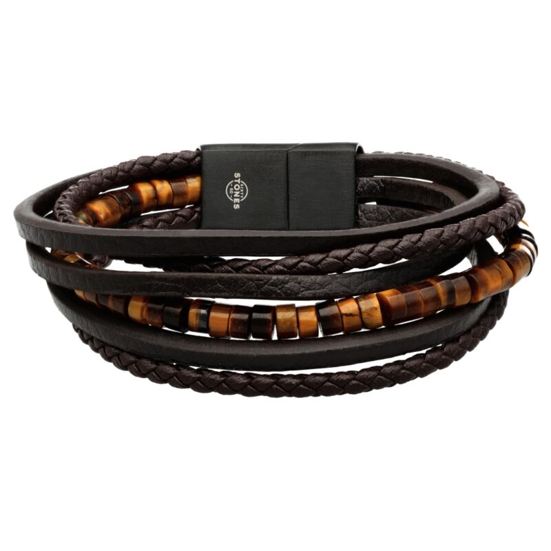 Bracelet cuir marron lisse et tressé avec perle de heishi tigre