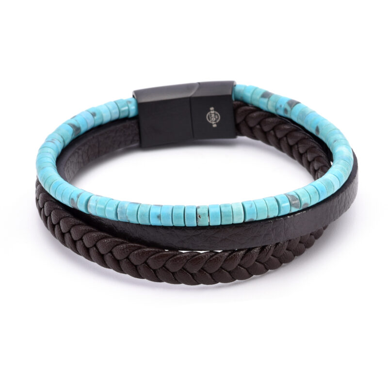 Bracelet cuir marron lisse et tressé avec perle de heishi turquoise