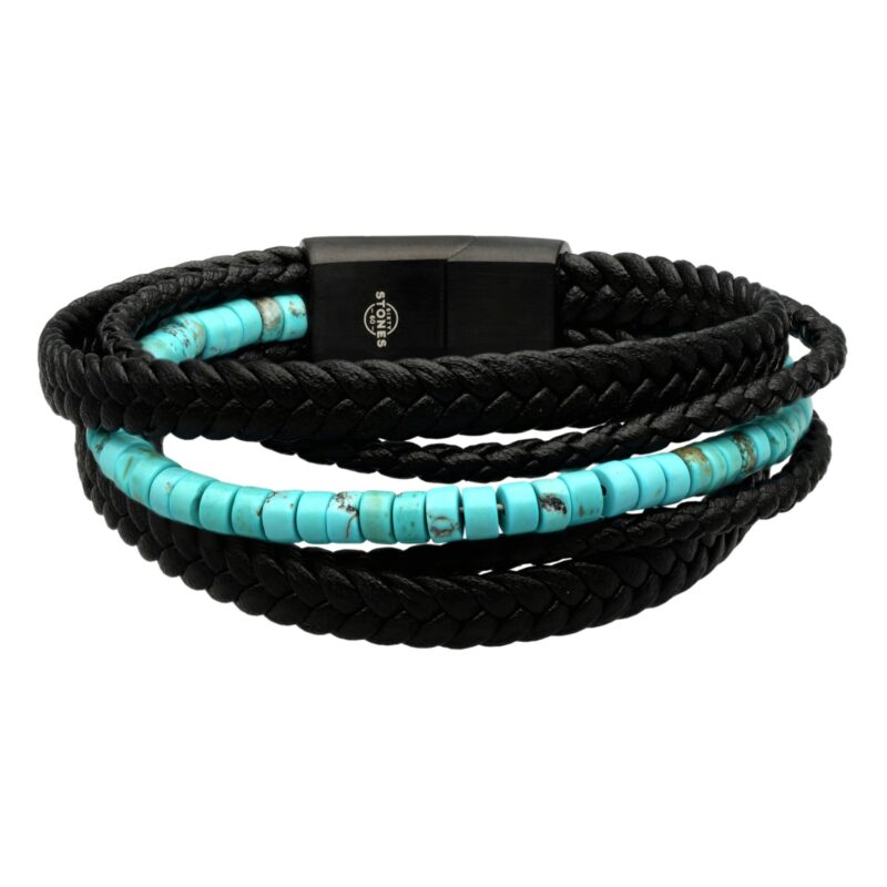 Bracelet cuir marron lisse et tressé perles heishi turquoise