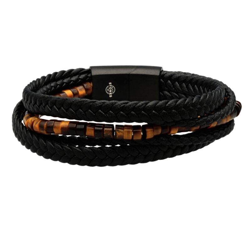 Bracelet cuir marron tressé avec perle de heishi jaspe oeil de tigre