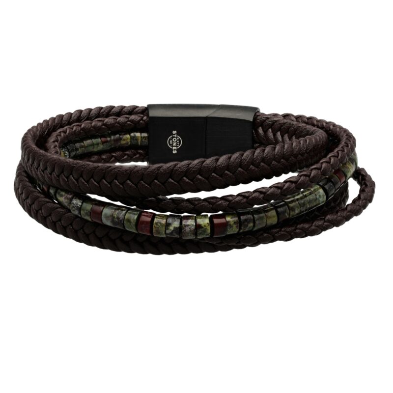 Bracelet cuir marron tressé avec perle de heishi jaspe sang de dragon