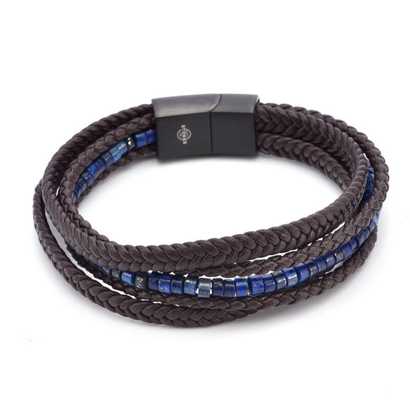 Bracelet cuir marron tressé avec perle de heishi lapis lazuli
