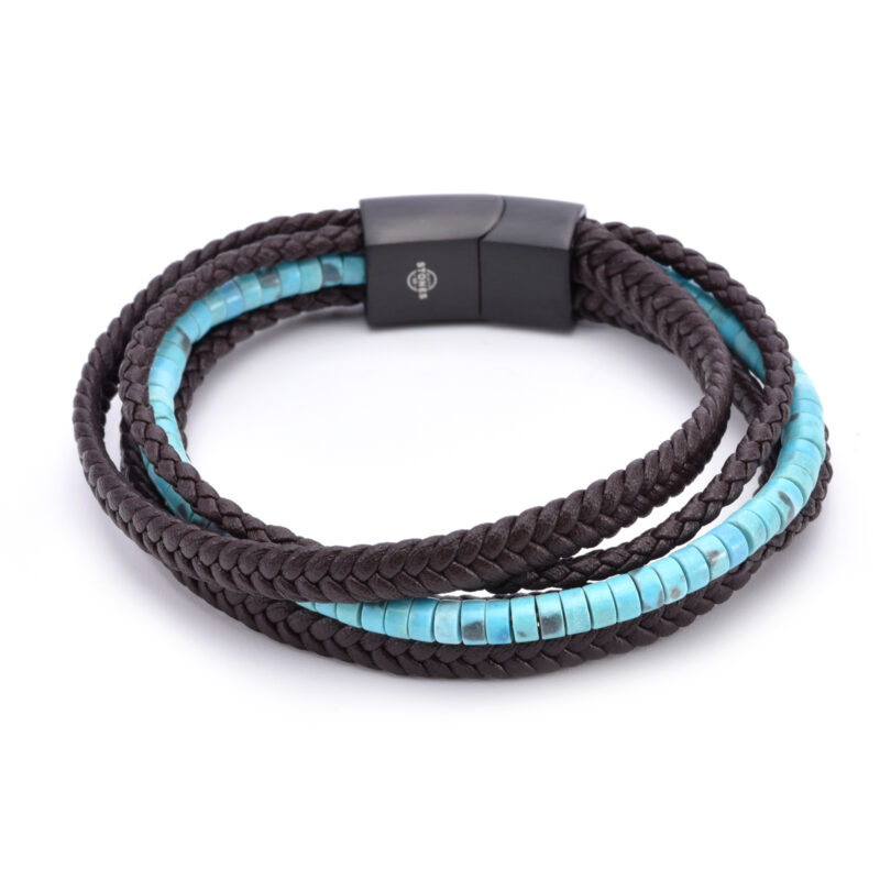 Bracelet cuir marron tressé avec perle de heishi turquoise