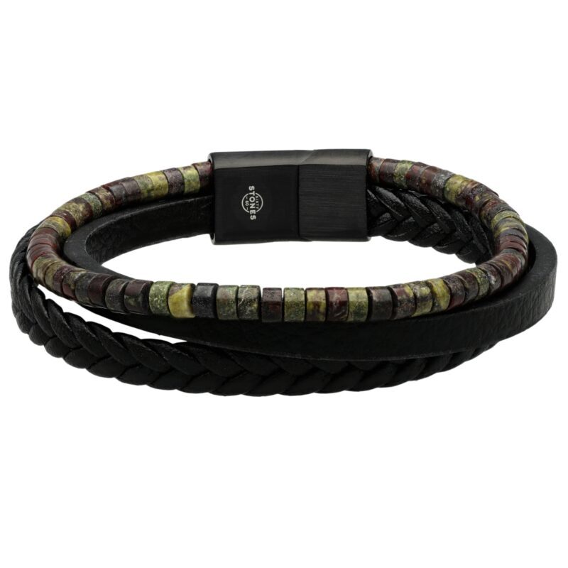 Bracelet cuir noir lisse et tressé avec perle de heishi jaspe dragon