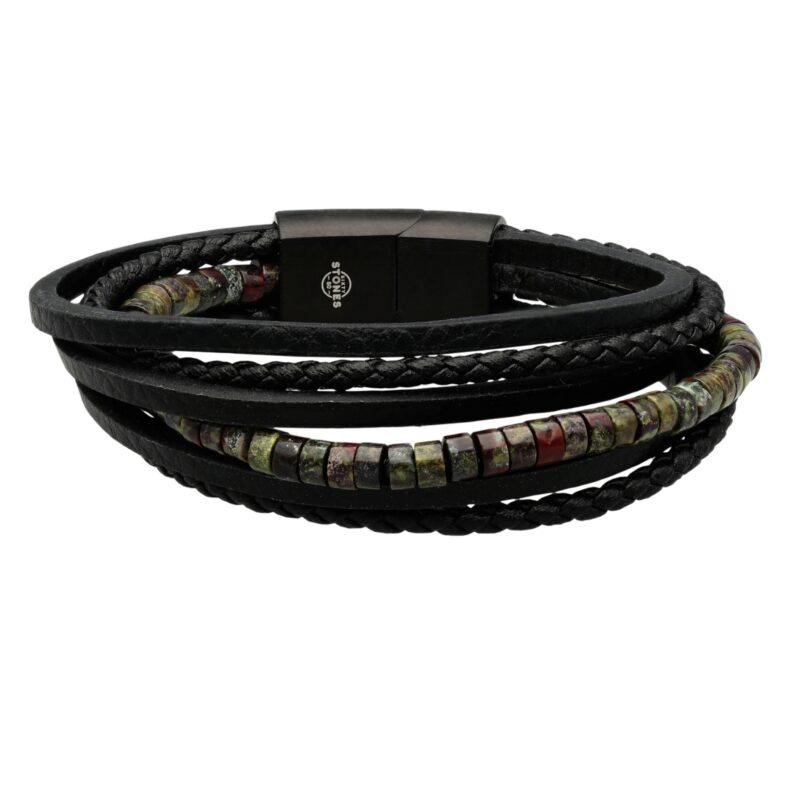 Bracelet cuir noir lisse et tressé avec perle de heishi jaspe sang de dragon