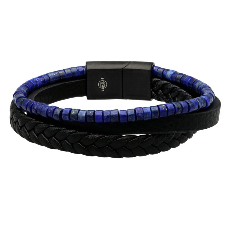 Bracelet cuir noir lisse et tressé avec perle de heishi lapis