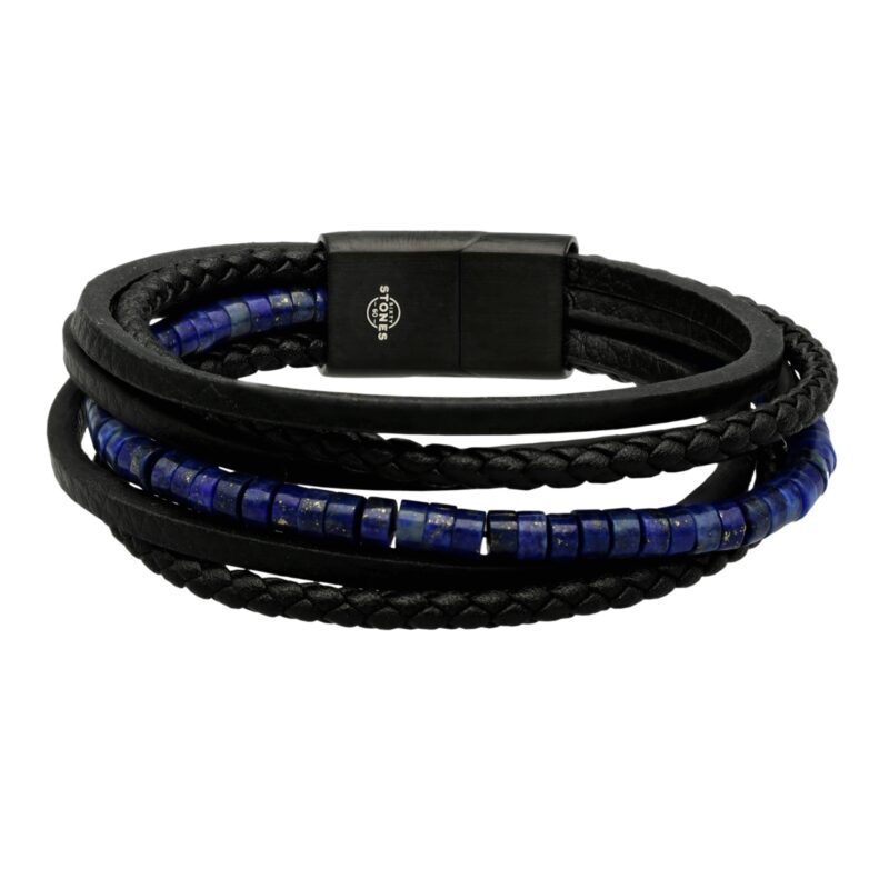 Bracelet cuir noir lisse et tressé avec perle de heishi lapis