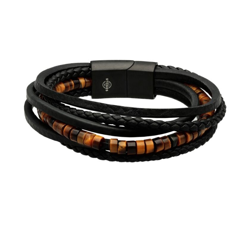 Bracelet cuir noir lisse et tressé avec perle de heishi tigre