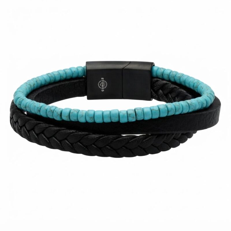 Bracelet cuir noir lisse et tressé avec perle de heishi turquoise