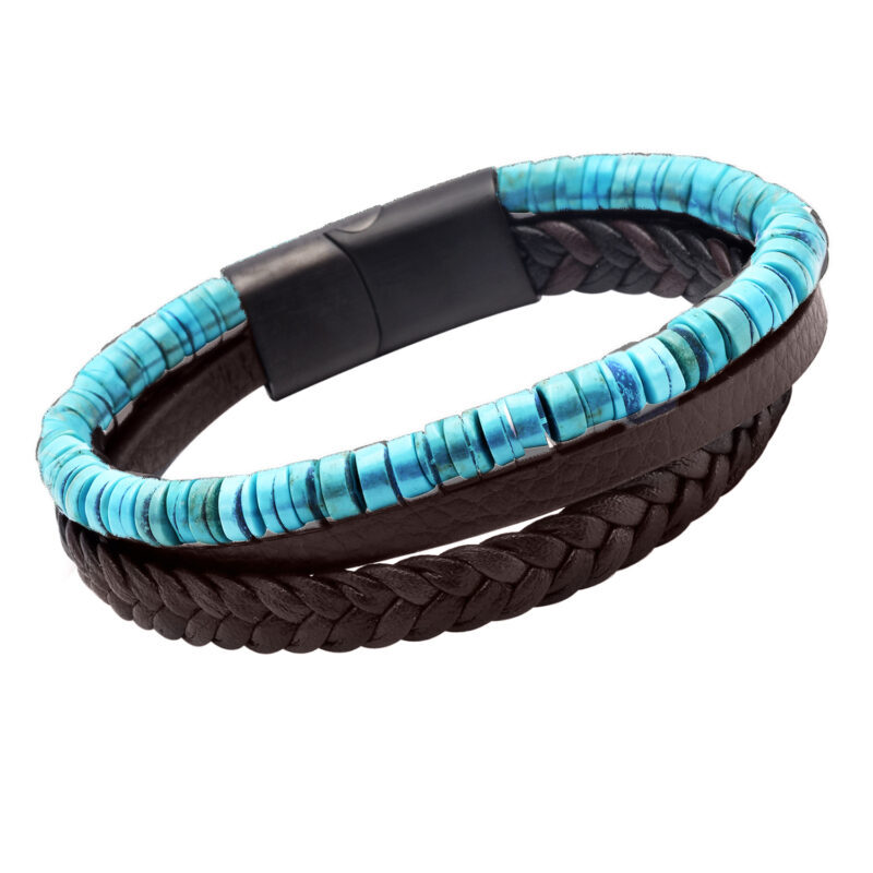 Bracelet cuir noir lisse et tressé avec perle de heishi turquoise