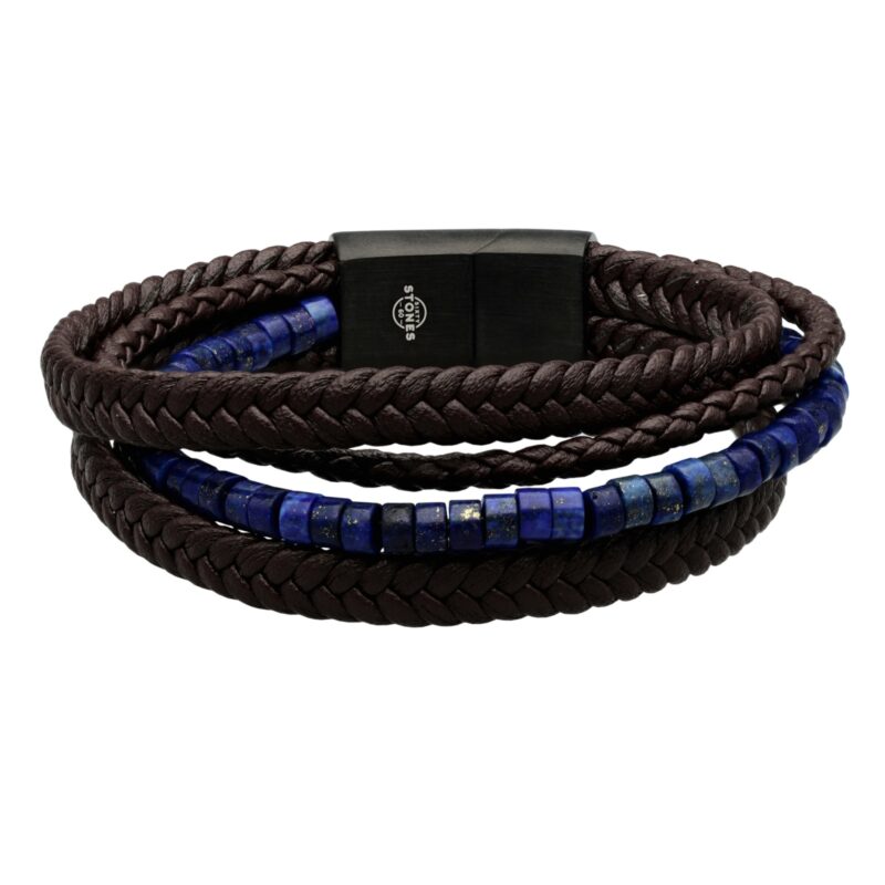 Bracelet cuir noir tressé avec perle de heishi lapis
