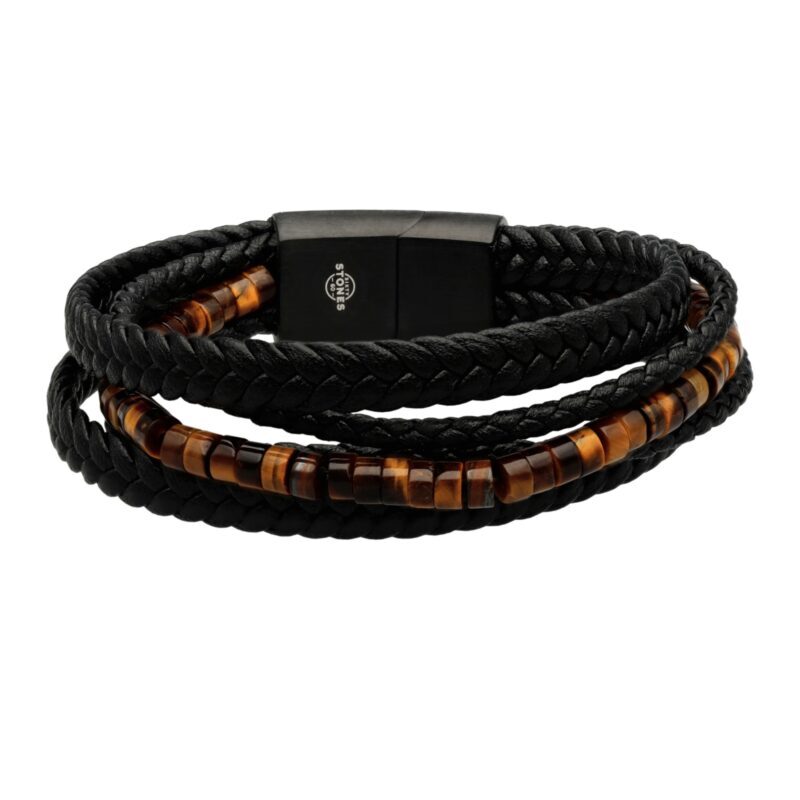 Bracelet cuir noir tressé avec perle de heishi tigre