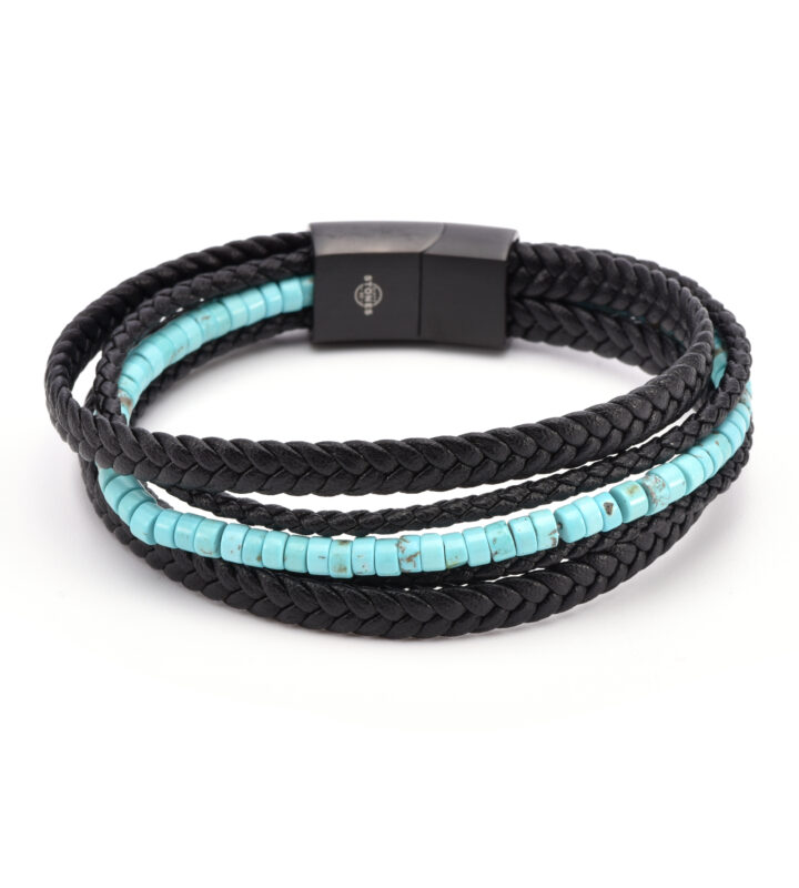 Bracelet cuir noir tressé avec perle de heishi turquoise