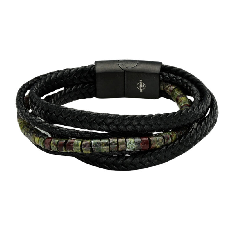Bracelet cuir noir tressé avec perles heishi kaki jaspe sang de dragon