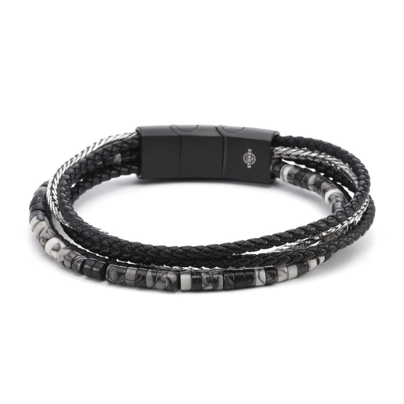 Bracelet cuir noir  tressé et chaine acier avec perle de heishi gneiss