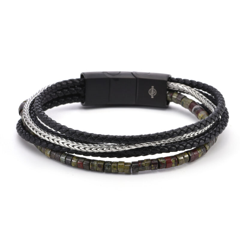 Bracelet cuir noir  tressé et chaine acier avec perle de heishi  jaspe dragon