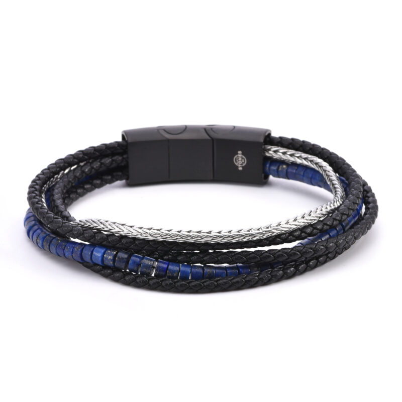 Bracelet cuir noir  tressé et chaine acier avec perle de heishi lapis
