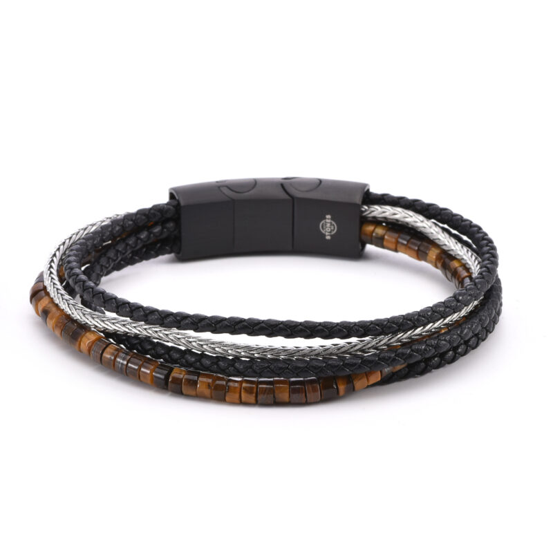 Bracelet cuir noir  tressé et chaine acier avec perle de heishi œil de  tigre