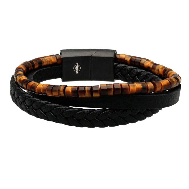 Bracelet cuir noir lisse et tressé avec perle de heishi œil de  tigre