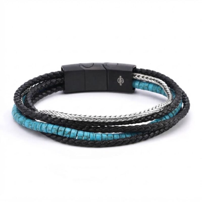 Bracelet cuir noir  tressé et chaine acier avec perle de heishi turquoise