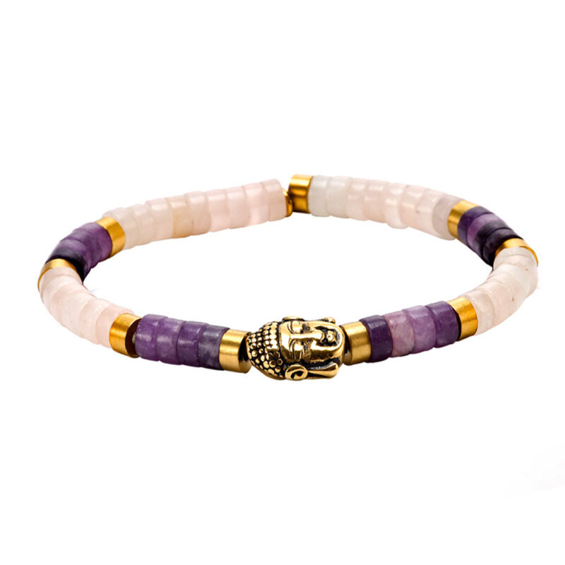 Bracelet perles heishi pierres naturelles améthyste et quartz rose bouddha doré acier