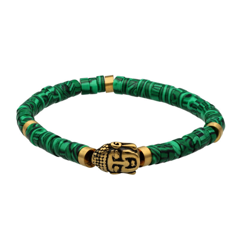 Bracelet perles heishi pierres naturelles malachite bouddha doré acier