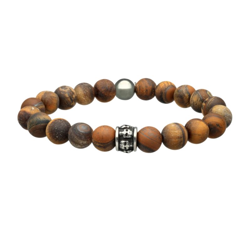 Bracelet grosses perles 10mm œil de tigre pierres naturelles tête de mort