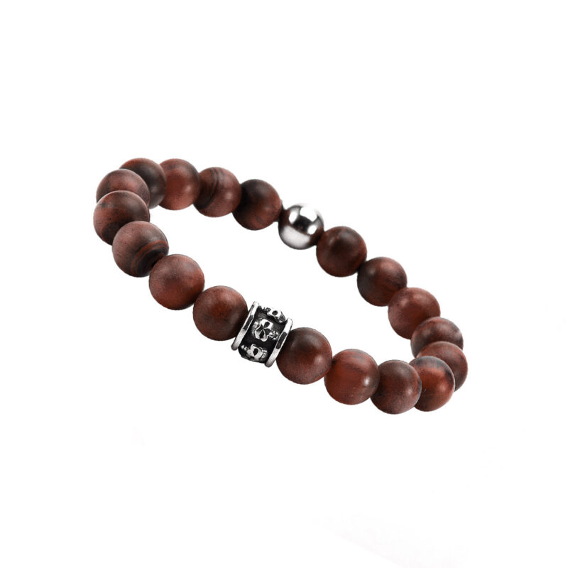 Bracelet grosses perles 10mm pierres naturelles œil de tigre rouge tête de mort