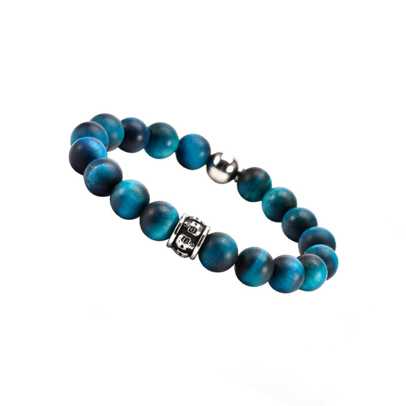 Bracelet grosses perles pierres naturelles œil de tigre bleu tête de mort