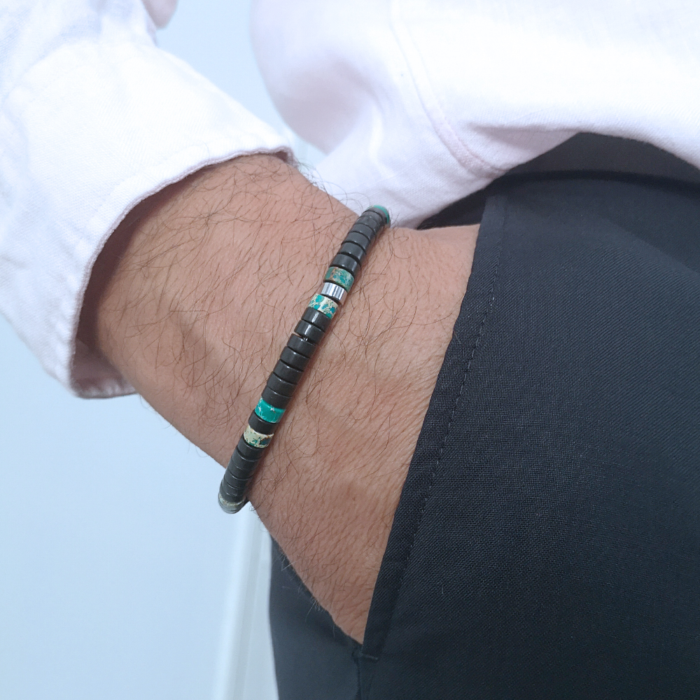 bracelet homme agate noire et jaspe vert imperial perles heishi 1 -