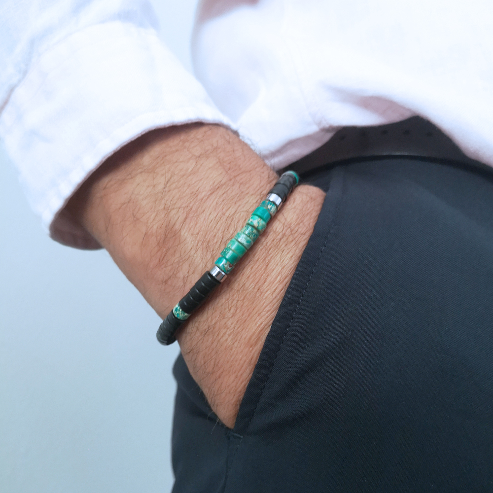 men's bracelet black agate and green jasper heishi beads -