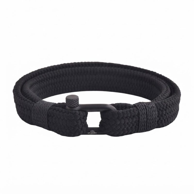 Bracelet homme double corde noir attache mousqueton acier noir