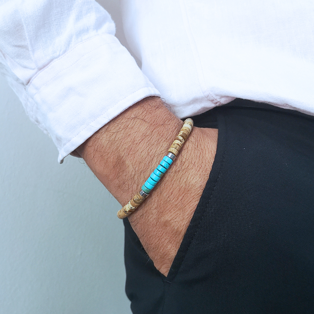 men's bracelet jasper and turquoise heishi beads -