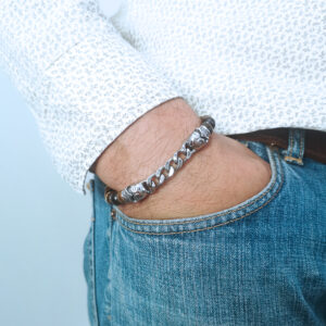 bracelet homme oeil de tigre et agate noire tete de mort 3 -