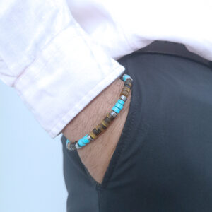 Bracelet noir pour homme en acier inoxydable avec motifs entrelacés et perles en agate et jaspe 