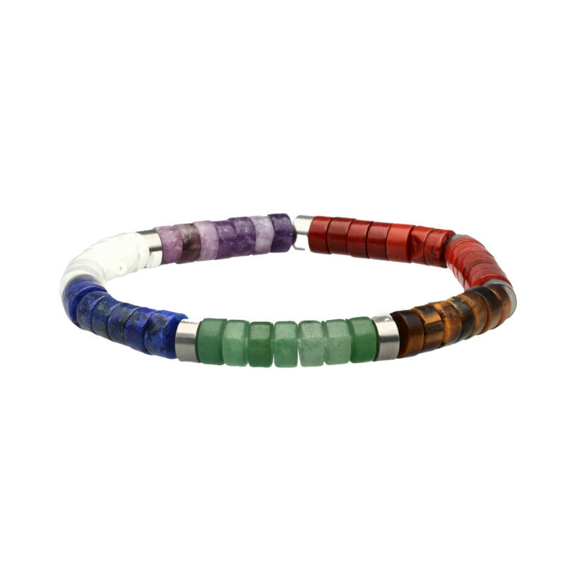 Bracelet chakra perles heishi jaspe rouge améthyste quartz lapis aventurine oeil de tigre agate