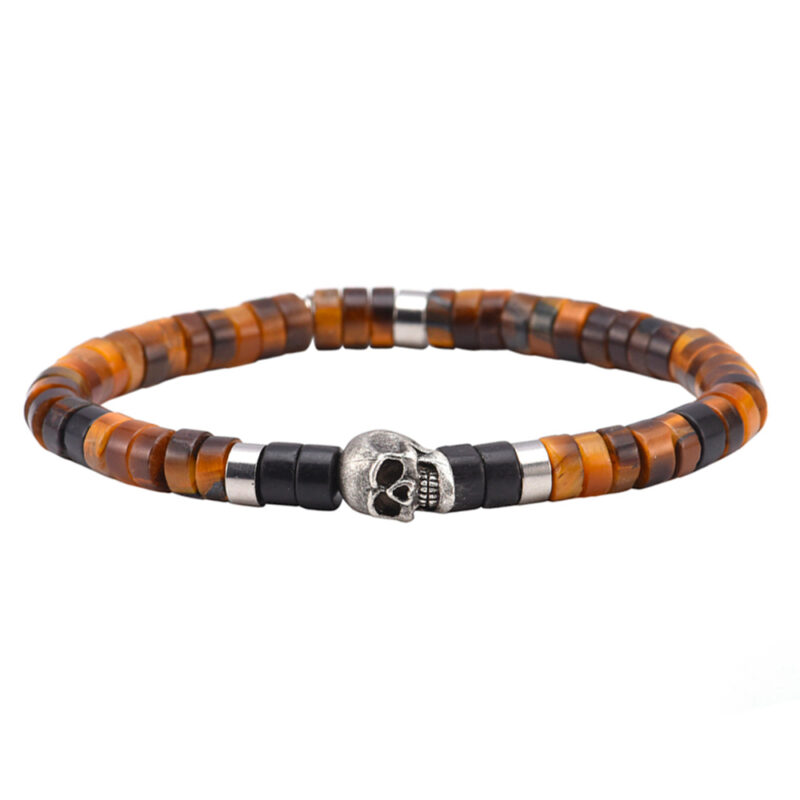 Bracelet tête de mort pierres naturelles perles heishi  agate noir et œil de tigre