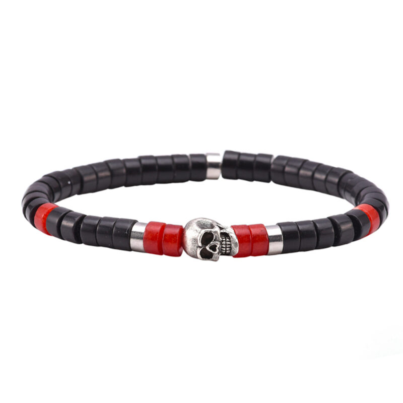 Bracelet perles heishi pierres naturelles agate noire et rouge tête de mort