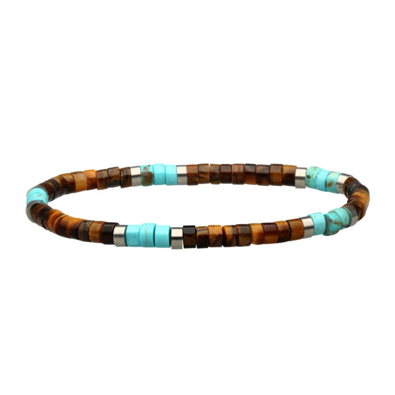 Bracelet perles heishi 4 mm pierres naturelles œil de tigre et turquoise