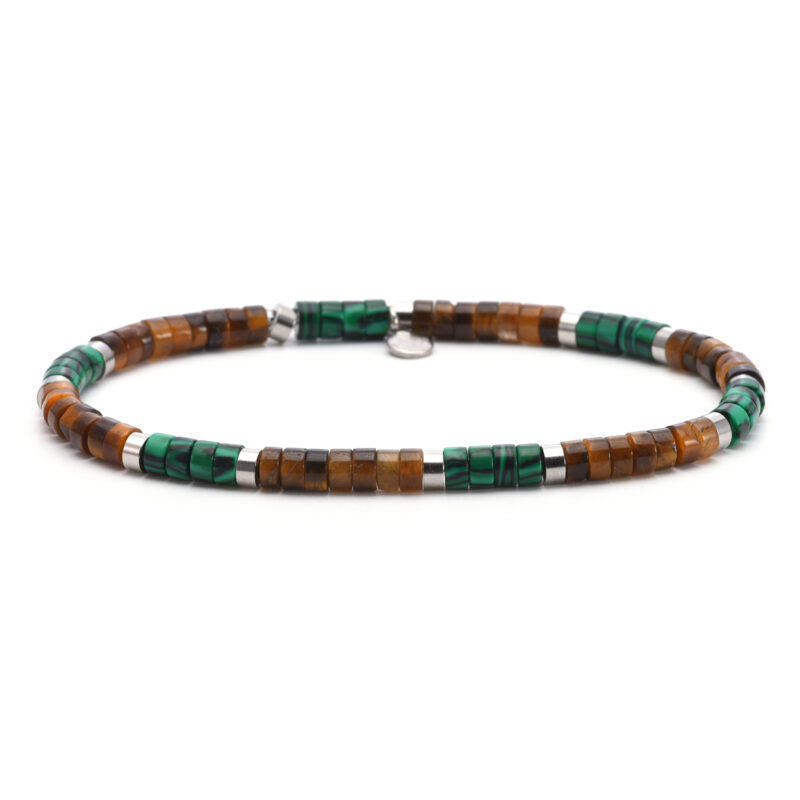 Bracelet perles heishi 4mm pierre œil de tigre et malachite