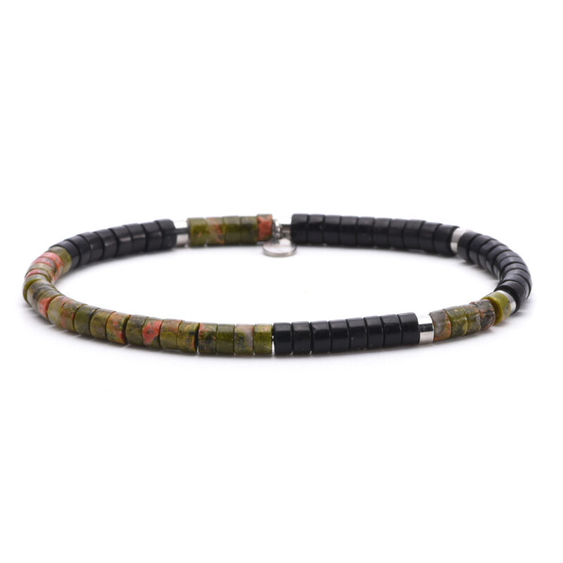 Bracelet perles heishi 4mm pierre unakite et agate noire