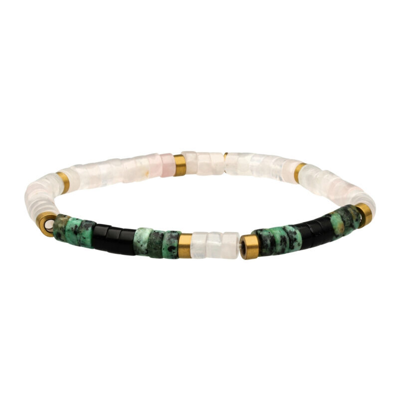 Bracelet perles heishi 4mm turquoise africaine quartz rose et agate noire