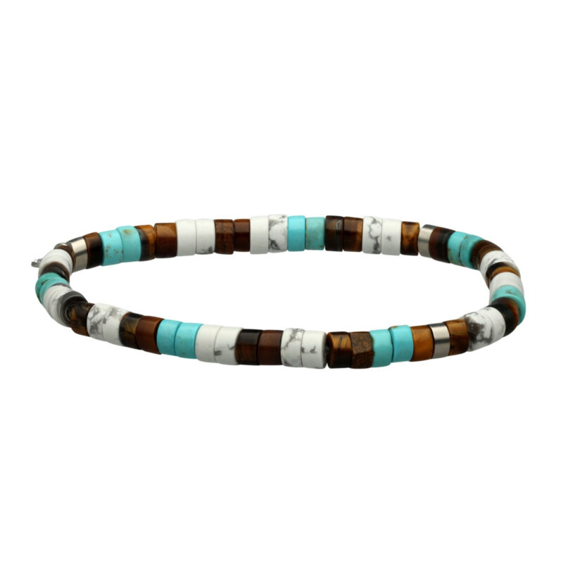 Bracelet perles heishi 4mm turquoise oeil tigre et turquoise blanche